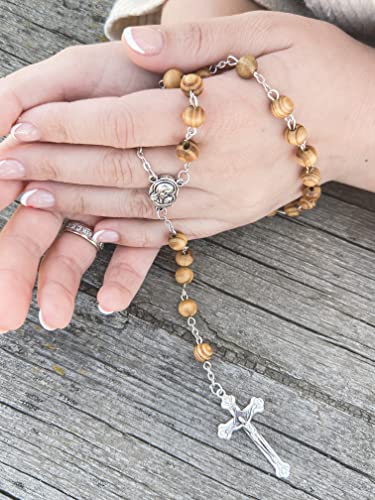 Nazareth Store Catholic Prayer Rosary Olive Wood Beads Necklace Holy Soil Medal & Metal Cross Velvet Gift Bag