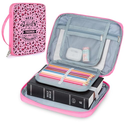 ICOSY Bible Cover, Church Bag for Women and Girls - color: Pink Leopard