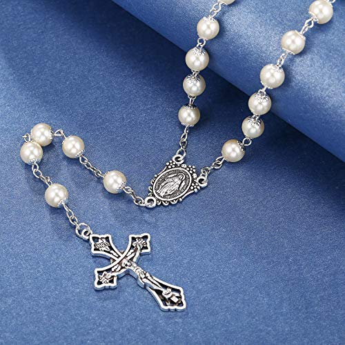 Rnivida Catholic Pearl Beads Rosary Necklace Metal Beaded Miraculous Medal & Cross Rosary for Women - color: Pearl