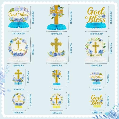 ANGOLIO 12Pcs Blue Floral God Bless Honeycomb Centerpieces Christian Cross Baptism First Confirmation Table Party Decorations for Boys Girls Baby Shower Gender Reveal Birthday Wedding Party Supplies - style: Blue Gold