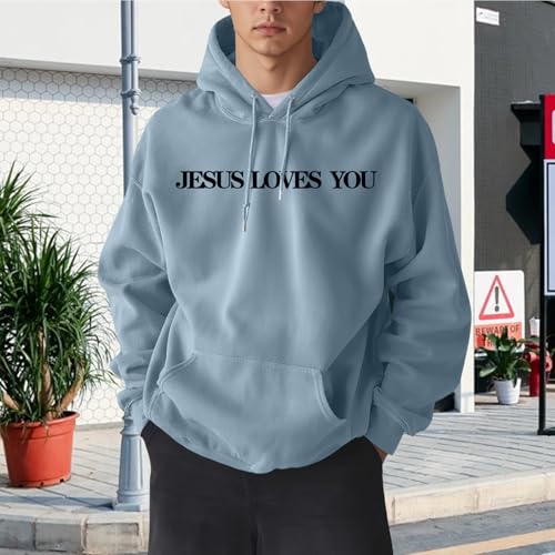 Christian Jesus Loves You Hoodies for Teen Religious Faith Sweatshirts Bible Verse Graphic Youth Hoodie - color: Blue Gray, size: Large