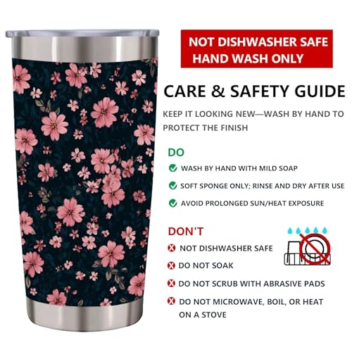 Pink Floral Tumbler 20 oz, Insulated Stainless Steel Cup with Lid and Straw, Dark Navy Flower Travel Coffee Mug, Gifts for Women, Floral Lovers - color: Boho Flower