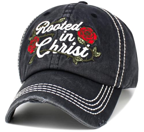 Bless Rodeo Country Horse Derby Womens Baseball Cap Distressed Vintage Unconstructed Embroidered Patch Hat - color: Black Rooted in Christ