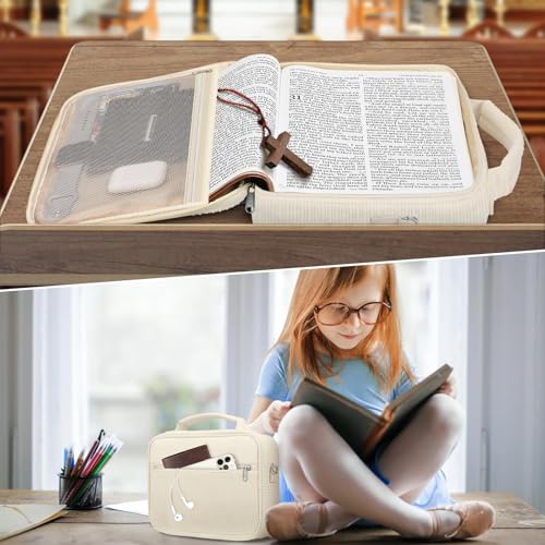 FINPAC Bible Cover with Shoulder Strap, Church Book Carrying Bible Case Bag - color: Corduroy Beige
