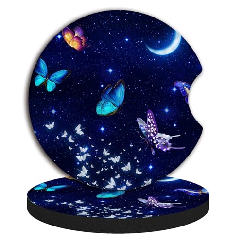 2pcs Blue Butterfly Cup Coaster for Car SUVs Trucks, Rubber Car Coasters with A Finger Groove, Car Cup Holder Coasters Interior Accessories - color: Blue Butterfly