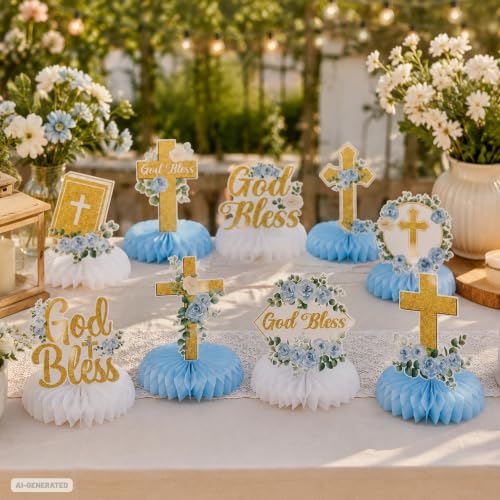11Pcs Blue Floral God Bless Honeycomb Centerpieces, Baptism Christening Table Decorations, Christian Cross Religious Centerpiece for Baby Shower First Communion Birthday Party Supplies