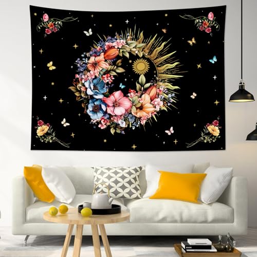 EOBTAIN Boho Sun Tapestry Retro Hippie Colorful Vintage Floral and Butterfly Nature Plant Tapestries for Bedroom Aesthetic Black and Gold Fabric Wall Hanging Decor for Living Room Bedroom 60"x40" - color: Black, size: 40"L x 60"W