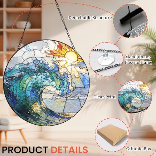 Sunrise and Ocean Waves Stained Glass Sun Catcher Window Hanging Sun Catchers Indoor Outdoor Home Decor for Christmas, Mother's Day, Birthday, Sea Lover Gifts for Women, Men, Mom, Grandma 6.3inch - color: Mountains and Waves