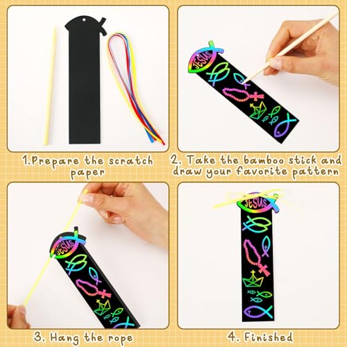 JUNEBRUSHS 30Pcs Religious Crafts for Kids, Easter Rainbow Color Scratch Art Bookmarks Resurrection Cross Religious Gifts for Kids Sunday School Church Bible Crafts Kits - style: Religious Style