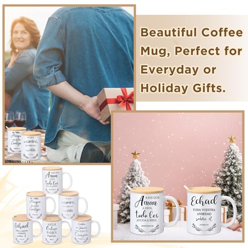 Maxdot 6 Sets Christian Gifts for Women Men Christian Mugs Bulk 12oz Coffee Mug with Lid Handle Spoon Religious Inspirational Scripture Ceramic Cup for Sunday School Vbs Grandparents(Spanish) - style: Spanish