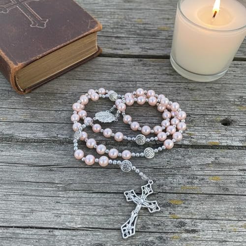 Nazareth Store Pearl Beads Rosary Miraculous Prayer Necklace Strong Metal Mystery Beaded Rosary for Men & Women - color: Pink
