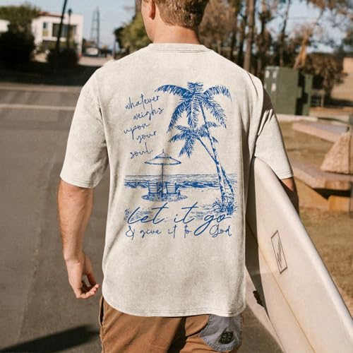 Christian Jesus Shirts for Men Hawaiian Beach T Shirts Vintage Bible Verse Faith Acid Wash Palm Trees Graphic Tees - color: Apricot, size: XX-Large