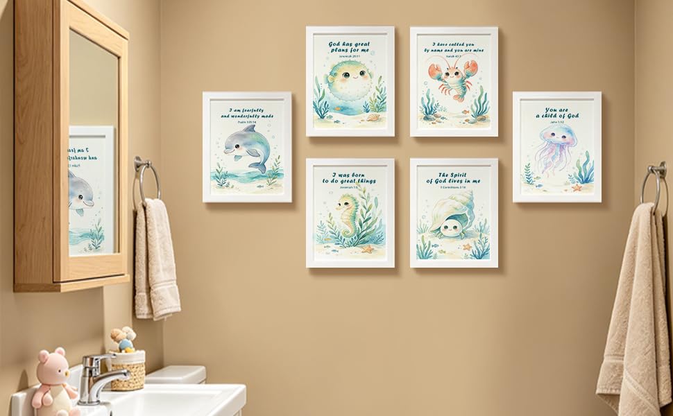 6Pcs Watercolor Sea Animal Bible Verse Nursery Unframed Wall Art Print Set - color: Lobster Shell