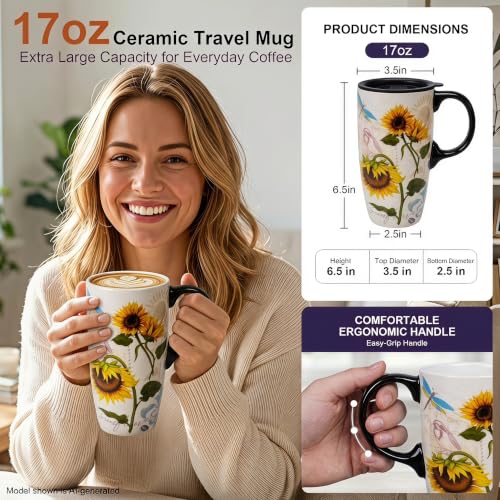 Topadorn 17oz Ceramic Travel Mug with Lid, Sunflower Coffee Mug - color: Sunflower and Dragonfly