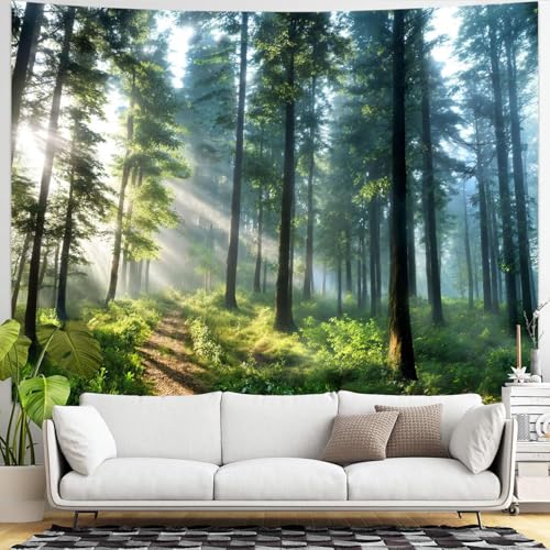 Lunerfex Tyndall Effect Forest Nature Tapestry - Sunlight Streaming Through Trees Wall Hanging for Bedroom and Living Room Decor - 6080 Inches - color: Light Green, size: 80"L x 60"W