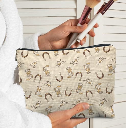 Retro Western Makeup Bag for Women,Cowgirl Cowboy Boots Cosmetic Bags,Gifts for For Mom Friends Teen Girl & Women, Beige Western Zipper Makeup Pouch for Purse - color: Retro Western