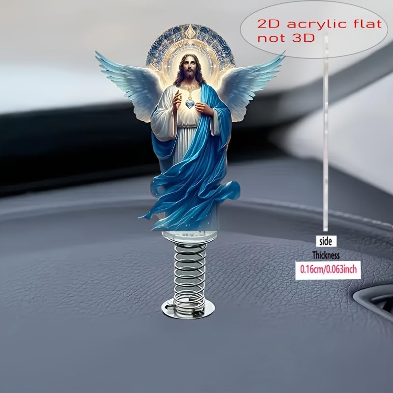 Elegant Acrylic Jesus Figurine with Swaying Motion - Car Dashboard Decor & Home Display, Serene Gift for Friends & Family, 2D Flat Printing Design, Spiritual Decoration Angel Wing Design