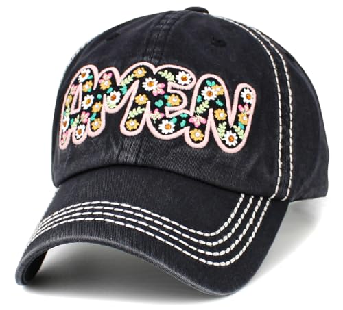 Bless Rodeo Country Horse Derby Womens Baseball Cap Distressed Vintage Unconstructed Embroidered Patch Hat - color: Black Amen Vintage Ballcap