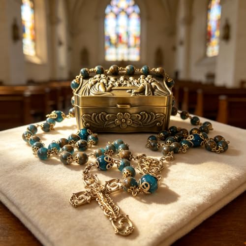 Handmade vintage copper 5 decade rosary for women & men Natural Blue Green Golden Shine Stone & Tiger Eye Beads Necklace Perfect Catholic gifts with box openwork crucifix