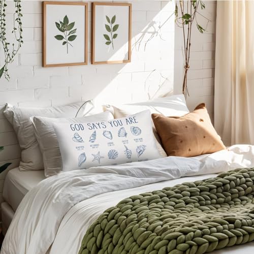 Blue Coastal Beach Christian 12x20 Pillow Cover, God Says You are Ocean Seashell Bible Verse Decorative Throw Pillow Covers Pillowcases for Home Bedroom Living Room Decor - color: Bible - Seashell (White01)