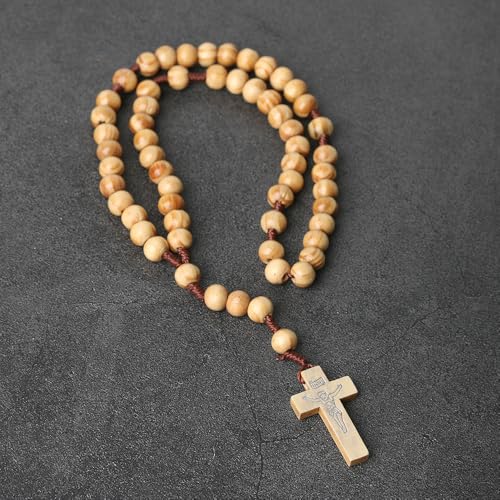 COLORFUL BLING Classic Natural Wood Beads Cross Pendant Necklace for Men Women Religious Rosary Jewelry Handmade Prayer Accessories - color: S2 ligh