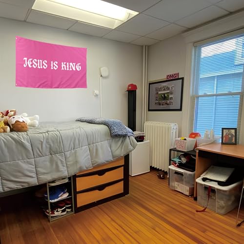 Jesus Is King Inspirational Flags Funny Cool Meme Flags Banner 3X5 Ft Girls Women Room Bedroom College Dorm Indoor Wall Tapestry Hangings Pinky - color: F-KingPinky