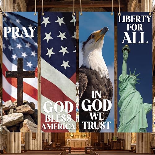 Hosuly 4 Pcs Independence Day Church Banners Patriotic Church Banners for Sanctuary Wall 4th of July Religious Praise Hanging Sign God Bless America for Holiday School Outside Indoor Patriotic Decor - size: 2 x 6 Feet, style: Patriotic