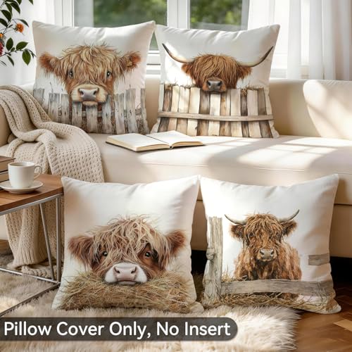 Highland Cow Throw Pillow Covers Set of 4, 18x18 Farmhouse Decor - color: Highland Cow White, size: 18" x 18" (Pack of 4)