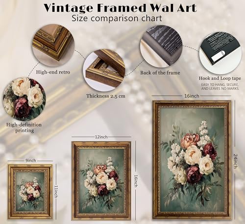 VZKRHPGA Vintage Gold Framed Flowers Wall Art,Moody Flower Print Prints - color: Blue Flowers, size: 16"L x 12"W
