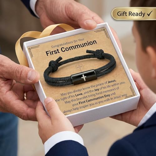 Cross Bracelet for Men or Godson - Adjustable Black Rope Stainless Steel Religious Jewelry, First Communion & Confirmation Bible Verse Faith Gift for Him - style: First Communion