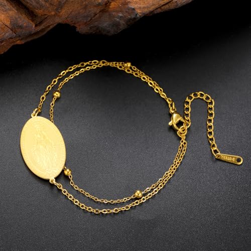 TEAMER Dainty Virgin Mary Rosary Bracelet Mother Mary Double Layer Beads Chain Bracelet Religious Faith Protection Jewelry For Women Men - color: Gold