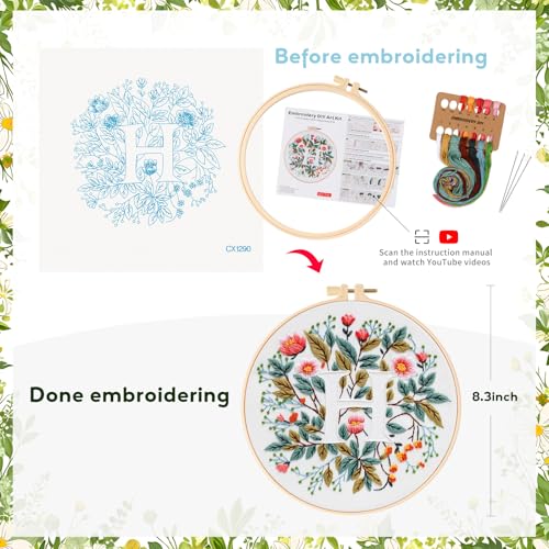 Zerzsy 7.87 '' Embroidery Kits Plant Flower Leaf English Letter Patterns for Beginners Adults, Easy to Learn Cross Stitch Kit for Home Office Decor - color: Letter H