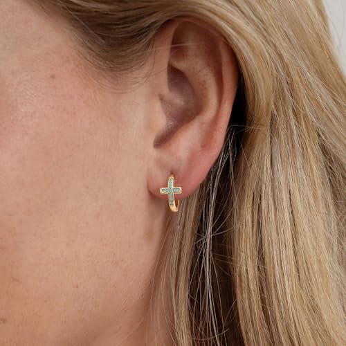 MYEARS Gold Cross Hoop Earrings for Women Trendy 14K Gold Plated Small Hoops Huggie Earrings White Cubic Zirconia Turquoise Minimalist Simple Christmas Christian Cross Jewelry Gifts - color: Turquoise