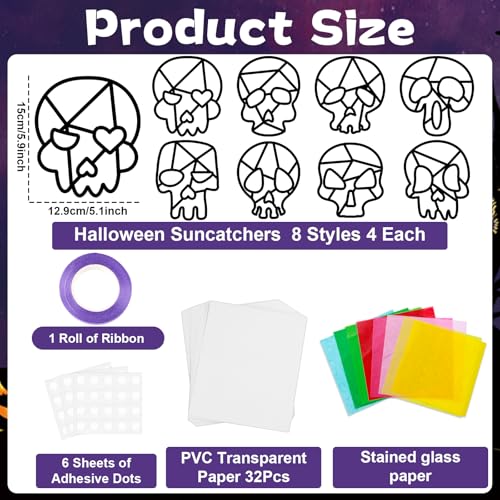 Lonfliness 32 Sets Sugar Skull Suncatchers Crafts Kit DIY Day of The Dead Window Stained Glass Effect Paper Halloween Dia de Los Muertos Easter Art Craft Creative Activity Project Gift Favor - style: Halloween Skull
