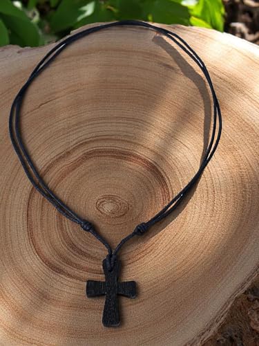 BlueRica Wooden Cross Pendant on Adjustable Cord Necklace - style: Black Cord Black Cross
