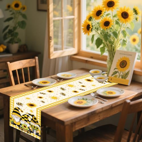 WADORN Sunflower Gnomes Bee Table Runner, 13x72 Inch Gnome Buffalo Plaid Yellow Kitchen Dining Table Decoration Spring Summer Seasonal Farmhouse Holiday Table Runner for Home Party Decor - size: Sunflower Gnomes Bee