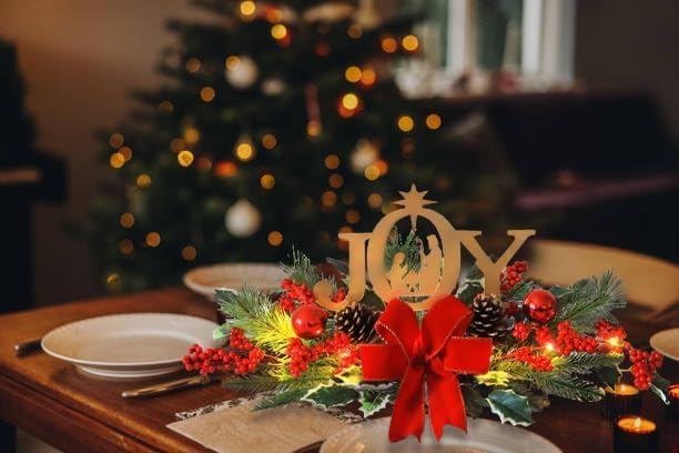 Eksen LED Lighted Christmas Centerpiece for Table or Mantel, Metal Joy Sign with Pine Greenery and Red Bow, Indoor Christmas Table Decorations for Holiday Home Decor
