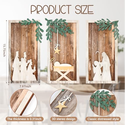 Soaoo Set of 3 Christmas Nativity Scene Wood Wall Decor,Classic Color