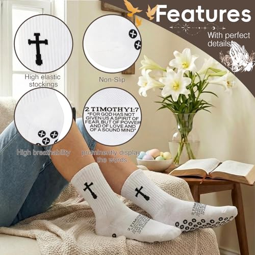 3 Pair Grip Christian Soccer Socks,Easter,Christmas Gift for Men - color: 2 Timothy 1:7 - White