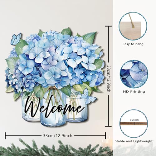COLOR VALLEY ART Welcome Sign Front Door Decor, Hydrangea Decor Farmhouse Wall Signs Decorations for Porch, Home, Housewarming Gift for New House Home Apartment, Wooden Florals Door Hanger - color: Blue-12.9L''x12.9W''