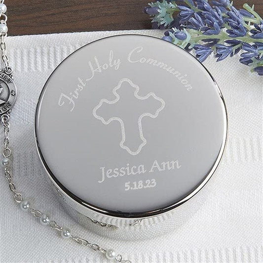 Personalization Universe Engraved First Holy Communion Rosary Case - Silver Plated Jewelry Organizer Box with Custom Text, Elegant Keepsake for Boys and Girls, 1st Communion Gift