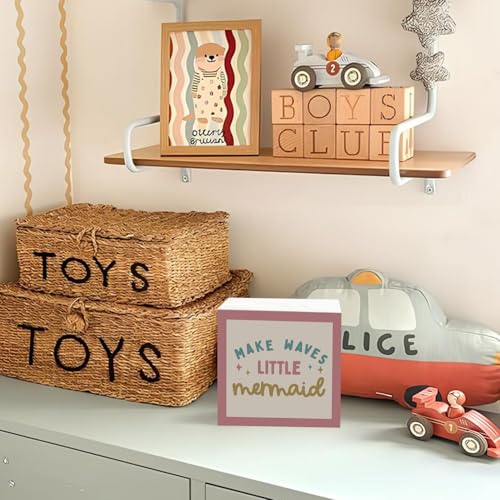 Lacama Mermaid Girls Room Decor Wooden Box Sign, Ocean Nursery Decorations Wood Block Signs, Make Waves Little Mermaid Wood Sign for Baby Little Girls Room Bedroom Desk Shelf Wall Decor 5x5 Inches - color: Make Waves Little Mermaid