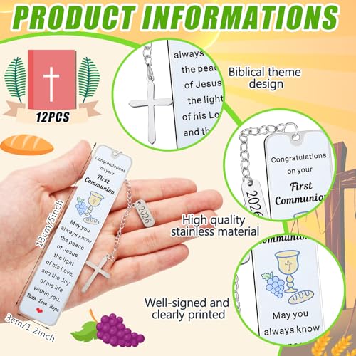 Gueevin 12 Pcs Metal First Communion Gifts 1st Favors Bible Verse Bookmarks with Cross Tassels Christian Religious Bookmarks Bulk with Scripture for Him or Her Book Lover Gift(First Communion) - style: First Communion