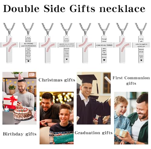 Baseball Cross Necklace for Men, Bible Verse Pendant Gifts for Birthday Christmas, Baptism Christian Religious Baseball Accessories Stuff Gifts - color: Silver, style: Always Remember
