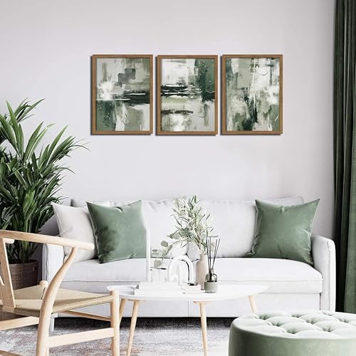 Sage Green Abstract Wall Art Set of 3, Modern Abstract Canvas Wall Decor Paintings, Green Neutral Minimalist Posters Prints Pictures for Living Room Bedroom Office Home Decor 12x16 Inch Wood Framed - color: Green Abstract Art, size: 16L" x 12W"