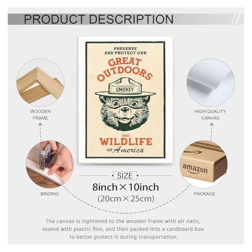 Cute Kids Bear Wall Art Nature Conservation Wildlife Animal Poster Retro Beige Cabin Canvas Prints 08x10 inch Framed for Outdoorsy Camping Wall Decor - color: Beige-wframed, size: 10L" x 8W"