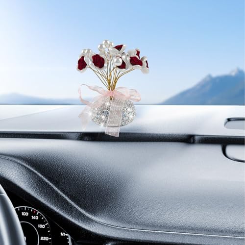 Bling Car Dashboard Ornaments, Crystal Rhinestones Cute Romantic Vehicle Pearl Rose Decoration for Dash, Auto Interior Flower Decor Accessories, Universal for SUV Sedan Truck (Red) - color: Red