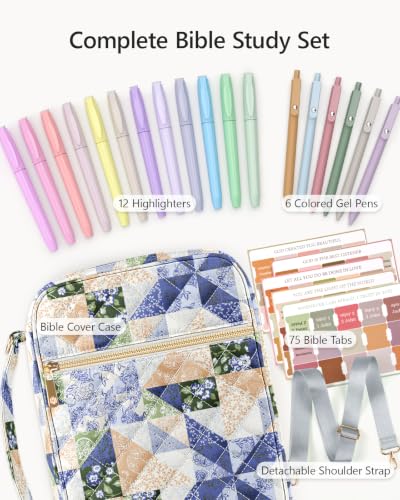BellaHold Bible Cover Case with Shoulder Strap, Large Bible Bags for Women - color: Light Blue Patchwork