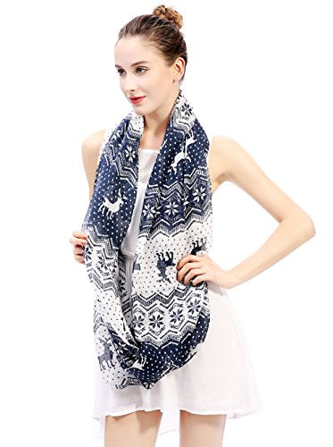 Lina & Lily Holiday Christmas Pattern Print Women's Infinity Scarf Lightweight - color: Blue White, Nordic Reindeer Snowflake