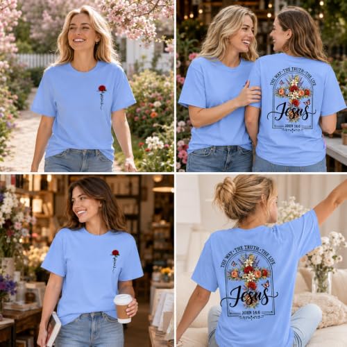 Jesus Shirt for Women The Way The Truth The Life Christian Floral Cross Tee - color: Carolina Blue, size: Medium